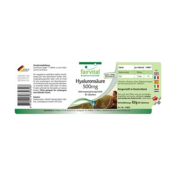 Fairvital | Acide hyaluronique 500 mg - 90 comprimés avec zinc pour la peau, les cheveux et les os - hautement dosé - vegan