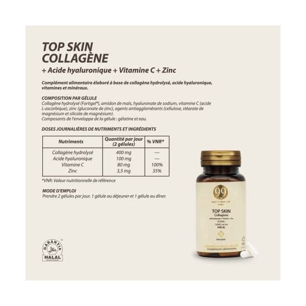 99 LAB PARIS - Top Skin Collagène - Complément Alimentaire Halal - Collagène + Acide Hyaluronique + Vitamine C + Zinc - Flaco