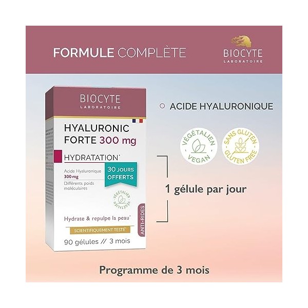 BIOCYTE Pack Hyaluronic Forte - Complément Alimentaire Anti-Âge & Hydratation de la Peau - Acide Hyaluronique - 90 Gélules - 