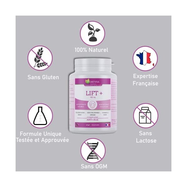 Collagène Marin + Acide Hyaluronique, Grenade, Raisin, Ginkgo, Vitamine E, C | FORTYFIA LIFT+ | ANTI-ÂGE | BEAUTÉ| 60 Gélules