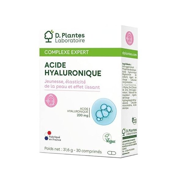 D.PLANTES - Acide Hyaluronique - Jeunesse, Élasticité de la Peau & Effet lissant - Peaux Matures - Cure 1 mois - Certifié Veg