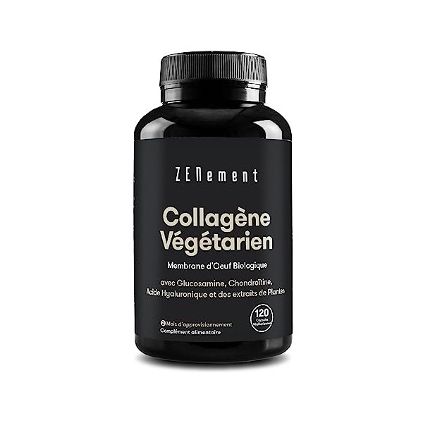Collagène Végétarien, de Membrane dOeuf Biologique, 120 Gélules | Avec Glucosamine, Chondroïtine, Acide Hyaluronique et des 