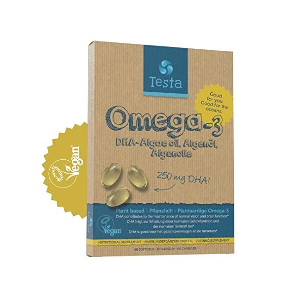 Omega 3 Vegan Supplément – Huile dalgues – Haute Concentration en DHA 250 mg – Oméga-3 Végétal – 60 Capsules – 2 Mois de St