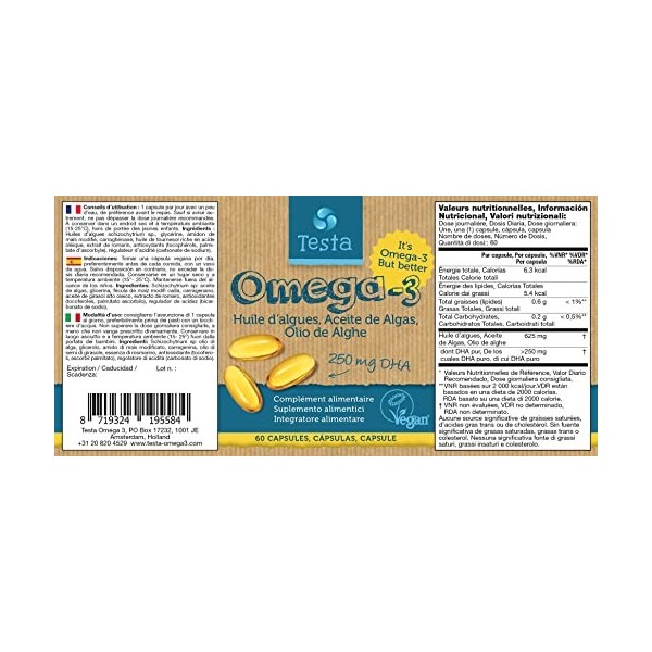 Omega 3 Vegan Supplément – Huile dalgues – Haute Concentration en DHA 250 mg – Oméga-3 Végétal – 60 Capsules – 2 Mois de St