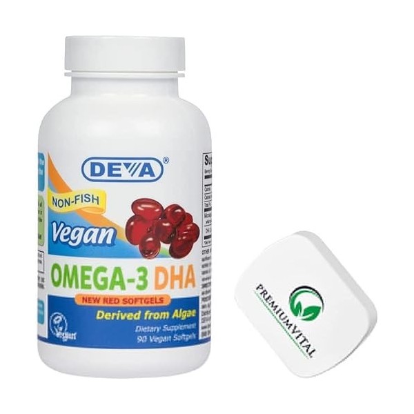PremiumVital, Deva, Vegan Omega-3 DHA, 90 Capsules molles végétaliennes, avec Pilulier Pratique, Testé en Laboratoire, Sans G