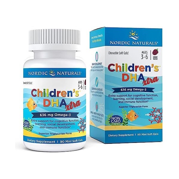 Nordic Naturals DHA Xtra Berry Punch - 90 mini gels doux à mâcher pour enfants - 636 mg doméga-3s EPA et DHA - Fonction cogn