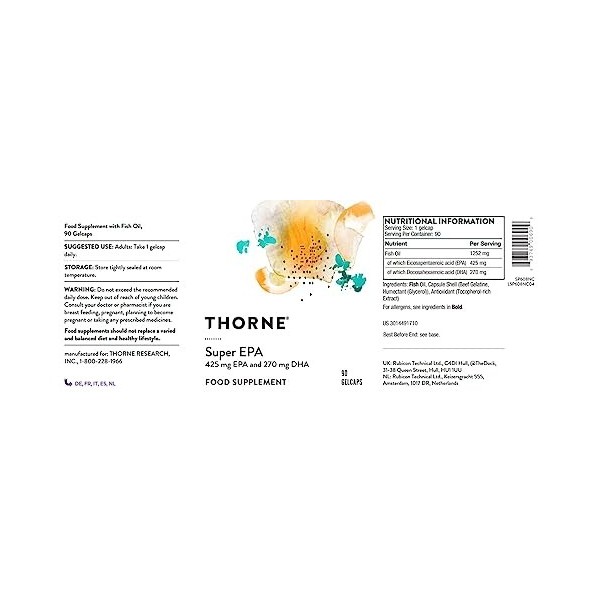 Thorne Super EPA - Supplément dAcides Gras Oméga-3 EPA 425 mg et DHA 270 mg - Pour la Santé du Cœur, du Cerveau, du Système 