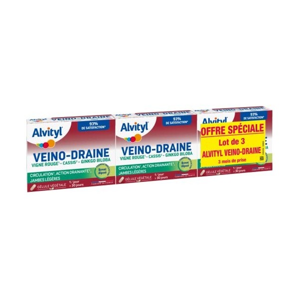 Alvityl - Veino-Draine - Lot De 3 - Circulation, Action Drainante, Jambes Légères - Rouge,3 x 30 Gélules