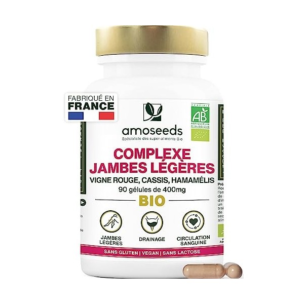 Complexe Jambes Légères BIO | Circulation Sanguine, Drainage, Élimination | Vigne Rouge, Cassis, Hamamélis | 90 gélules de 40