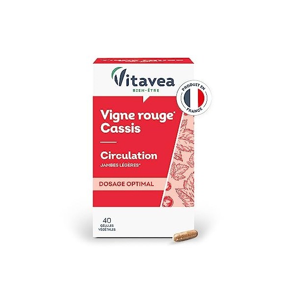 Vitavea - Complément Alimentaire Circulation - Vigne Rouge, Cassis - Jambes Légères et Circulation Veineuse - 40 gélules - Cu