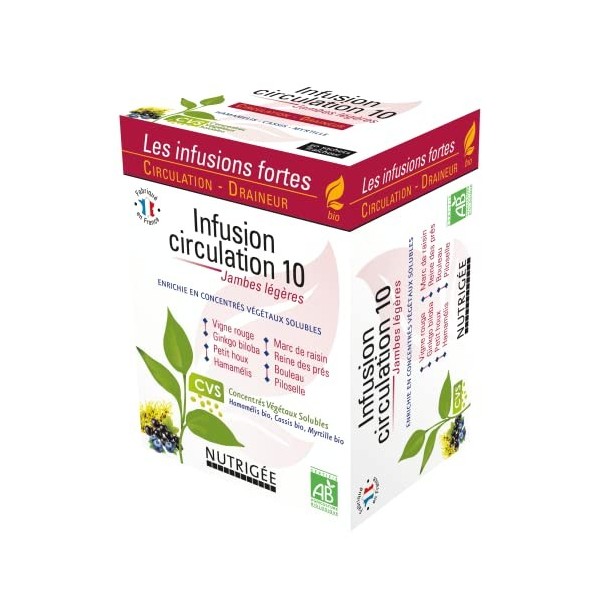 Infusion Circulation 10 -Bio - Jambes Légères Circulation & Draineur- Concentrés Végétaux Solubles,- Myrtille, 30 Sachets