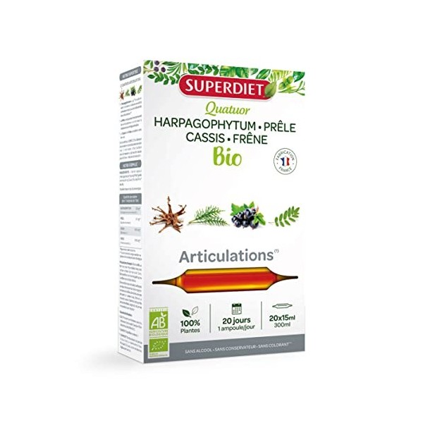 SuperDiet Quator Prêle Frêne Cassis Harpagophytum 20 ampoules de 15ml soit 300ml - BIO