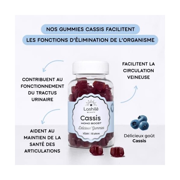 LASHILÉ BEAUTY - Compléments Alimentaires - Cassis Mono Boost - Cure 1 mois - 60 Gummies - Vegan - Fabrication Française