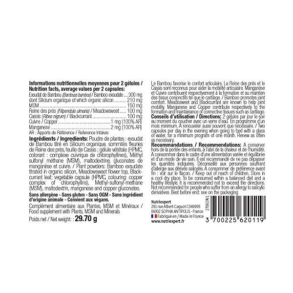 NUTRIEXPERT - Artrogenol - Confort ostéo-articulaire - Formulée à base de Bambou, MSM, Cassis, Reine des prés, Cuivre et Mang