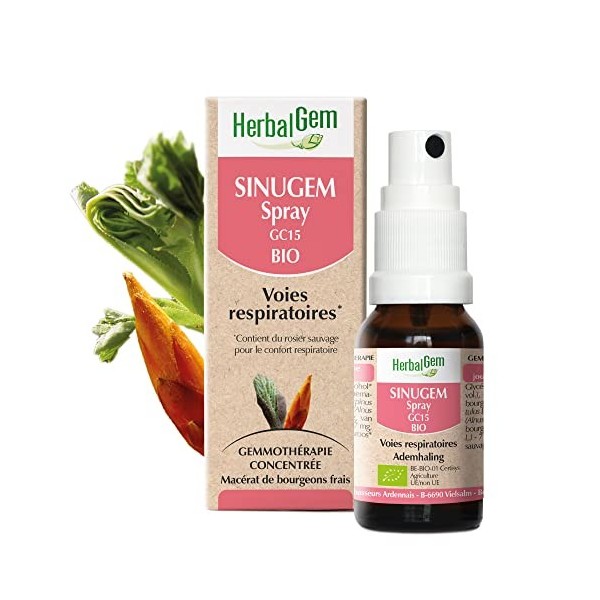 HerbalGem Sinugem Spray Bio Aulne et Rosier sauvage Complexe voies respiratoires Respirez plus librement par le nez 10 ml