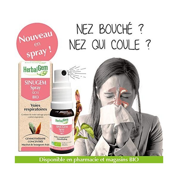 HerbalGem Sinugem Spray Bio Aulne et Rosier sauvage Complexe voies respiratoires Respirez plus librement par le nez 10 ml