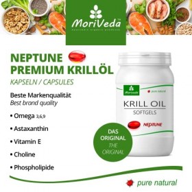 MoriVeda® - Capsules dhuile de krill 90 ou 270, 100% pur NEPTUNE premium krilloil - Oméga 3,6,9 astaxanthine, phospholipides