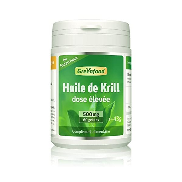 Greenfood Huile de krill, 500 mg, 60 gélules, dose élevée - pour un coeur et fonction cérébrale. Sans additifs artificiels. S