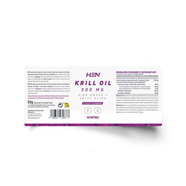 HSN Krill Oil : Huile de Krill 500mg, Source dOmega 3 DHA, EPA , Avec Astaxanthine et Phospholipides - Antioxydant puissant