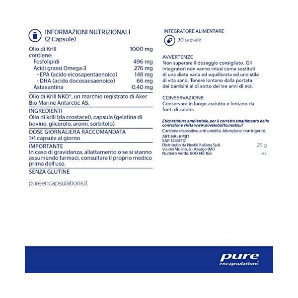 Pure Encapsulations - Huile de Krill - Avec Acides Graisses Omega-3, Phosphfolipides et Astaxantina - 30 Capsules en Softgel