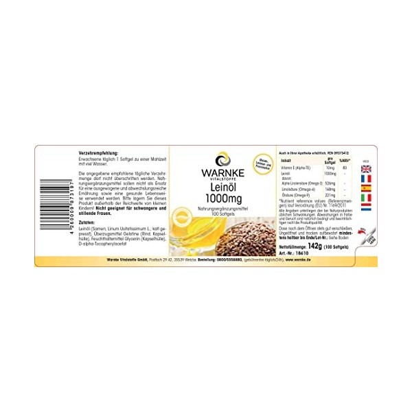 Huile De Lin 1000 mg - 100 gélules molles - Préssé à froid - 52,6% dacide alphalinolénique | Warnke Vitalstoffe Les bienfaits...