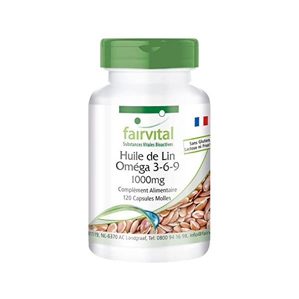 Fairvital | Huile de lin graines de lin Omega 3-6-9 - pendant 2 mois - pressée à froid - 120 gélules - riche en acide alpha-l