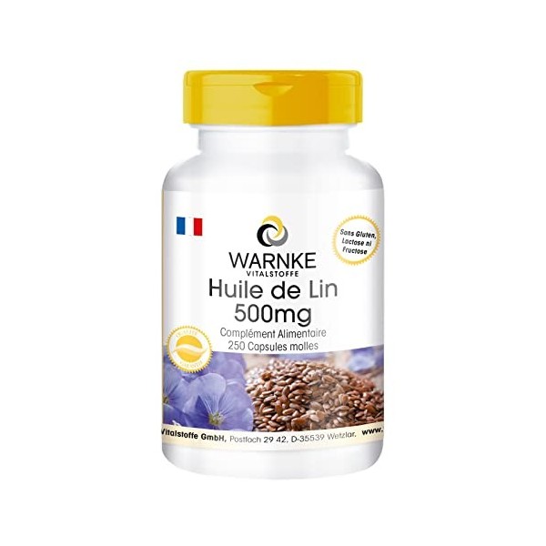 Huile de Lin 500mg – 250 gélules - Préssée à froid - avec vitamine E | Warnke Vitalstoffe