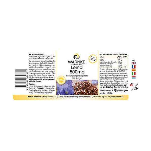 Huile de Lin 500mg – 100 gélules molles - Préssée à froid - avec vitamine E | Warnke Vitalstoffe Les bienfaits du complément ...