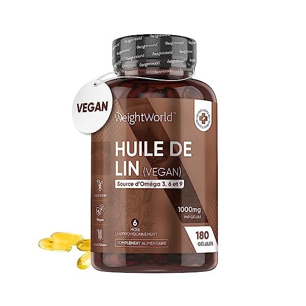 Oméga 3 6 9 Huile de Lin 1000mg - 180 Gélules 6 Mois Vegan - Alternative À lHuile de Poisson - Source dAcides Gras Oméga Les...