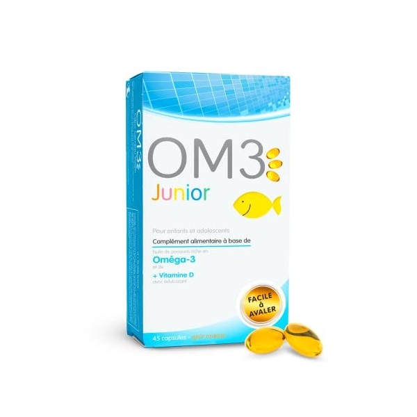 OM3 - Junior- Huile de poissons concentrée à 65% dOméga-3 et de Vitamine D-Pour enfants et adolescents- 45 capsules à avaler