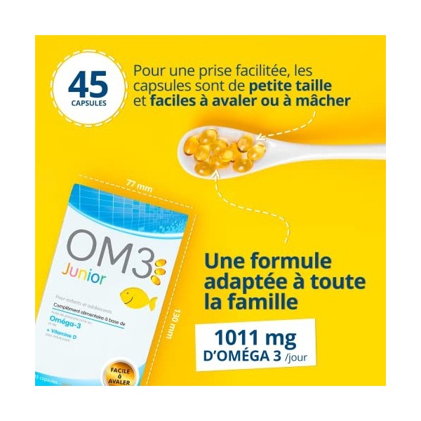 OM3 - Junior- Huile de poissons concentrée à 65% dOméga-3 et de Vitamine D-Pour enfants et adolescents- 45 capsules à avaler