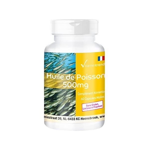 Huile de poisson 500 mg - 60 softgels, Source naturelle dacides gras oméga-3, 18% EPA et 12% DHA, Dosage sûr | Vitamintrend®