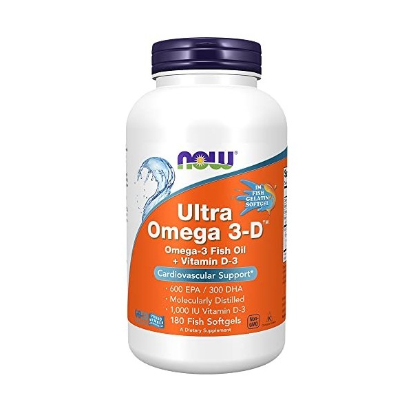 Now Foods, Ultra Omega 3-D Fish Oil Huile de Poisson , 180 Capsules molles, Testé en Laboratoire, Sans Gluten, Sans Soja, Sa