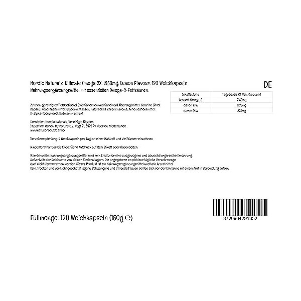 Nordic Naturals, Ultimate Omega 2X, 2150mg dOméga-3, Huile de Poisson avec EPA et DHA, 120 Capsules molles, Goût Citron, Tes