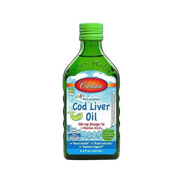 Carlson - Kids Cod Liver Oil, 550 mg Omega-3s + A & D3, Liquid Fish Oil Supplement, Wild-Caught Norwegian Arctic Cod-Liver O