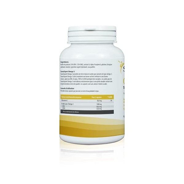 SanaExpert Oméga-3 | HUILE DE POISSON OMEGA 3 |1000 mg dacides gras EPA et DHA, huile de poisson naturelle et vitamine E. In