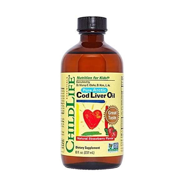 ChildLife Essentials, Cod Liver Oil Huile de Foie de Morue , avec Vitamines A, D et E, Goût Fraise, 273ml, Testé en Laborato