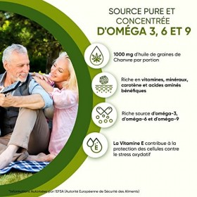 Huile de Chanvre 1000 mg, 180 Gélules 6 Mois - Huile Pressée à Froid - Source dAcides Gras Essentiels, Omega 3 6 9 - Antio