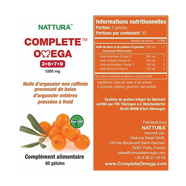 OMEGAS COMPLETS 3-6-7-9 * Huile dargousier pure de haute qualité provenant de fruits entiers d’argousier sauvage, non raffin