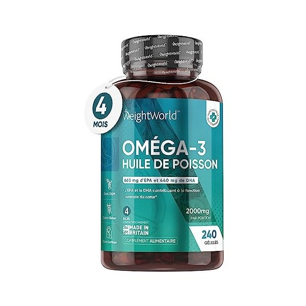 Oméga 3 Huile de Poissons Sauvages 2000mg - 240 Gélules - 660mg EPA + 440mg DHA Pour 4 Mois, Forte Concentration en Acides Gr