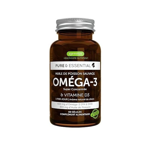 Oméga-3 Super Concentré & Vitamine D3, 410 mg EPA & 250 mg DHA par gélule, Huile de Poisson Sauvage, 1-par-jour, 60 gélules