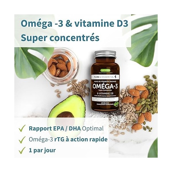 Oméga-3 Super Concentré & Vitamine D3, 410 mg EPA & 250 mg DHA par gélule, Huile de Poisson Sauvage, 1-par-jour, 60 gélules