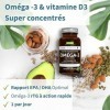 Oméga-3 Super Concentré & Vitamine D3, 410 mg EPA & 250 mg DHA par gélule, Huile de Poisson Sauvage, 1-par-jour, 60 gélules