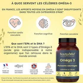 OMÉGA 3-2000mg d’Huile de Poissons Sauvages, Riche en EPA/DHA, VITAMINE E, Oméga 3 haute pureté, Santé du Cœur, Cerveau, Pêch