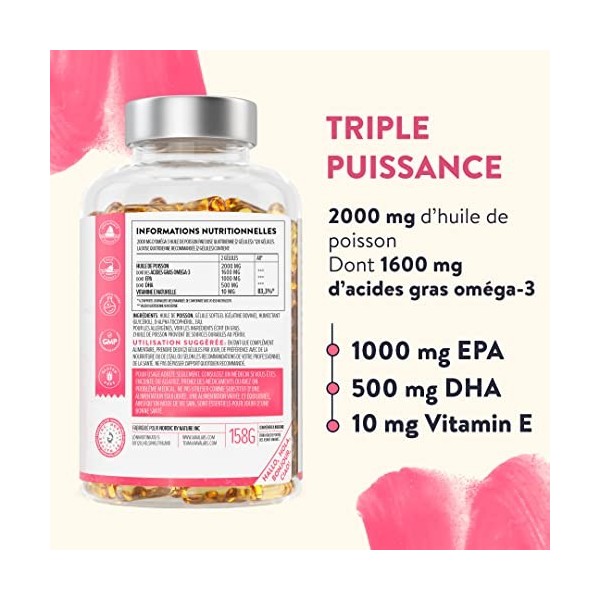 Huile de Poisson Sauvage 2000mg: Fournit 1000mg EPA + 500mg DHA par dose 2 gélules - Complement Alimentaire Concentration P