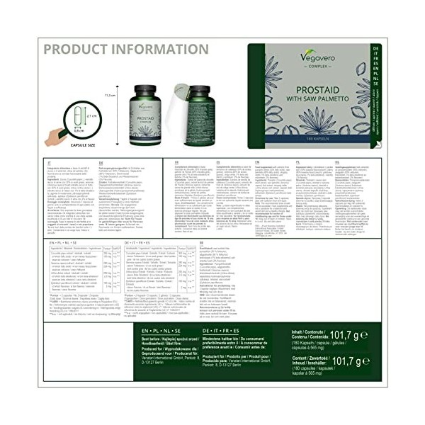Prostaid Complex Vegavero® | Prostate et Confort Urinaire | 180 Gelules | 100% Naturel | Saw Palmetto + Ortie + Citrouille +