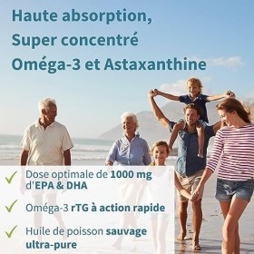 Oméga-3 Super Concentré et Astaxanthine, 670 mg EPA et 330mg DHA, 90 Jours, Huile de Poisson Sauvage, Goût de citron, 180 gél