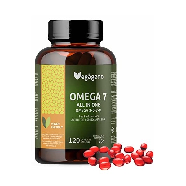 OMEGA 7 ALL IN ONE Huile dargousier avec Oméga 3 6 7 9 et Vitamine E Naturelle. 120 Gélules Végétaliennes. Acide palmitoléiq