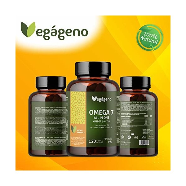 OMEGA 7 ALL IN ONE Huile dargousier avec Oméga 3 6 7 9 et Vitamine E Naturelle. 120 Gélules Végétaliennes. Acide palmitoléiq