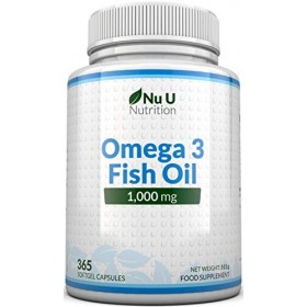 Omega 3 Fish Oil 1000 mg - Huile de Poisson - 365 Gélules - Cure d1 An - Riche en EPA 540mg et DHA 360mg - Compléments alime